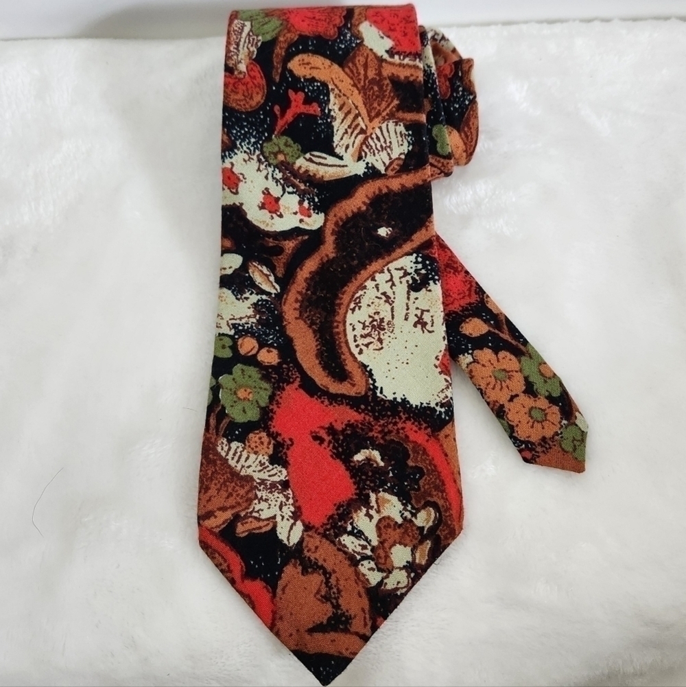 Cabralli Collection Leaves Floral Brown Orange Olive Green Cream Necktie Tie